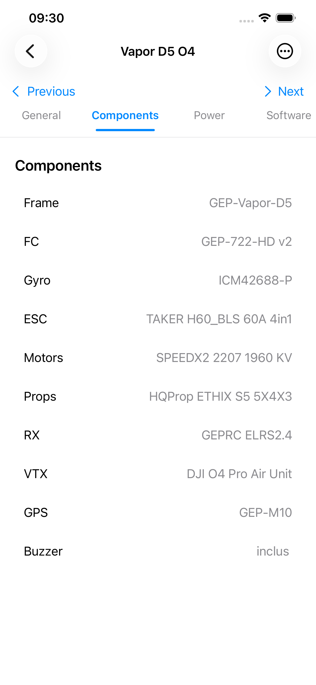 Component list in FPV Fleet