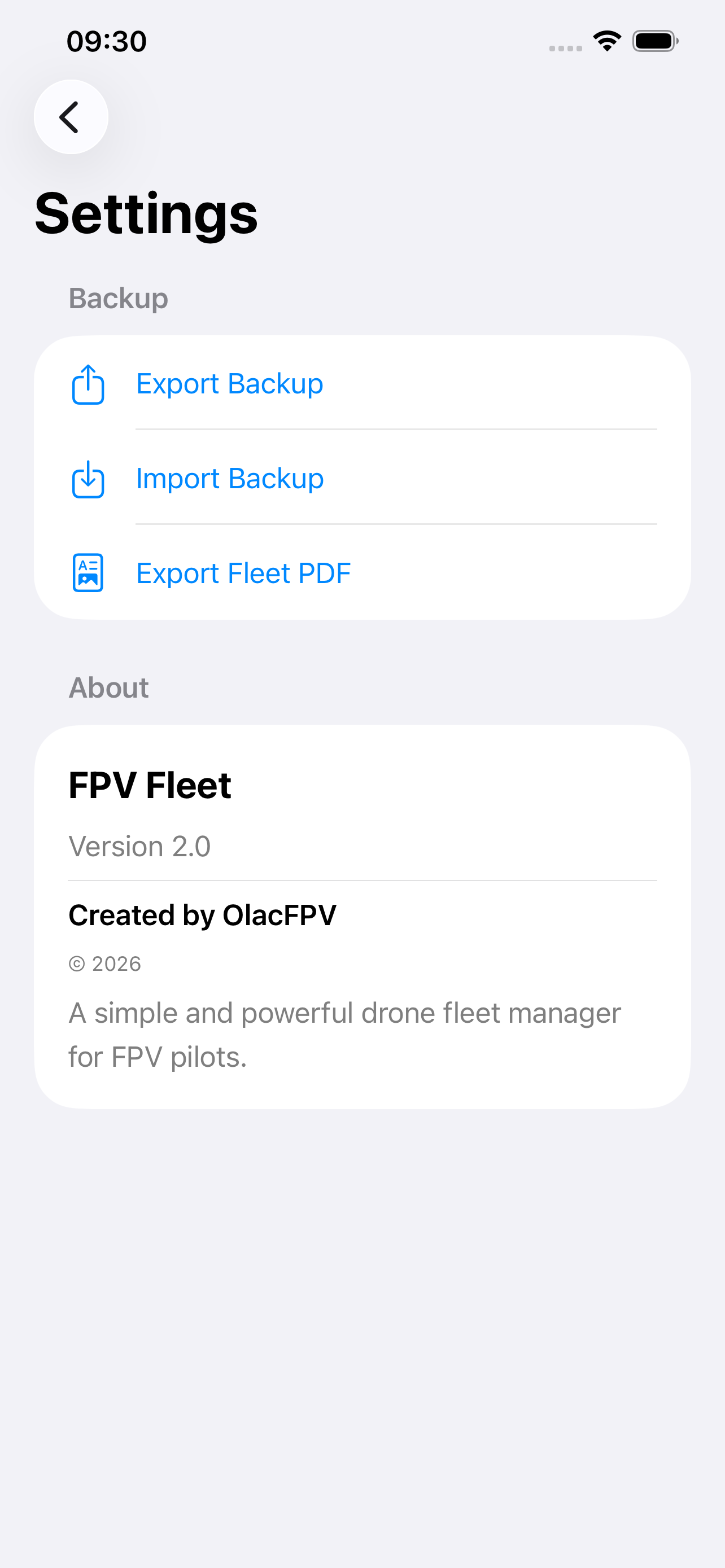 Backup, restore and fleet PDF export settings in FPV Fleet